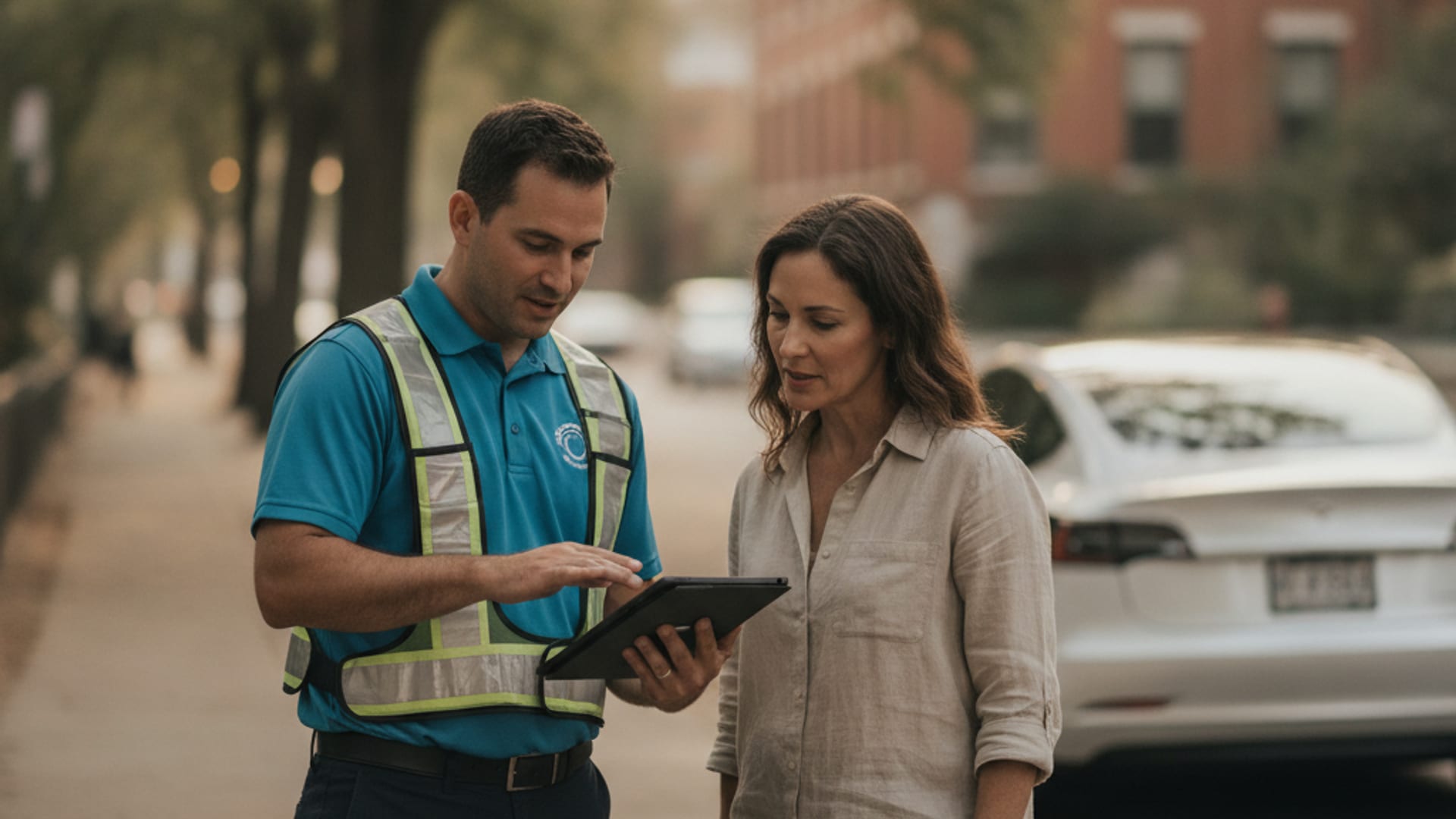 An EV driver discussing roadside options beside a Tesla Model 3