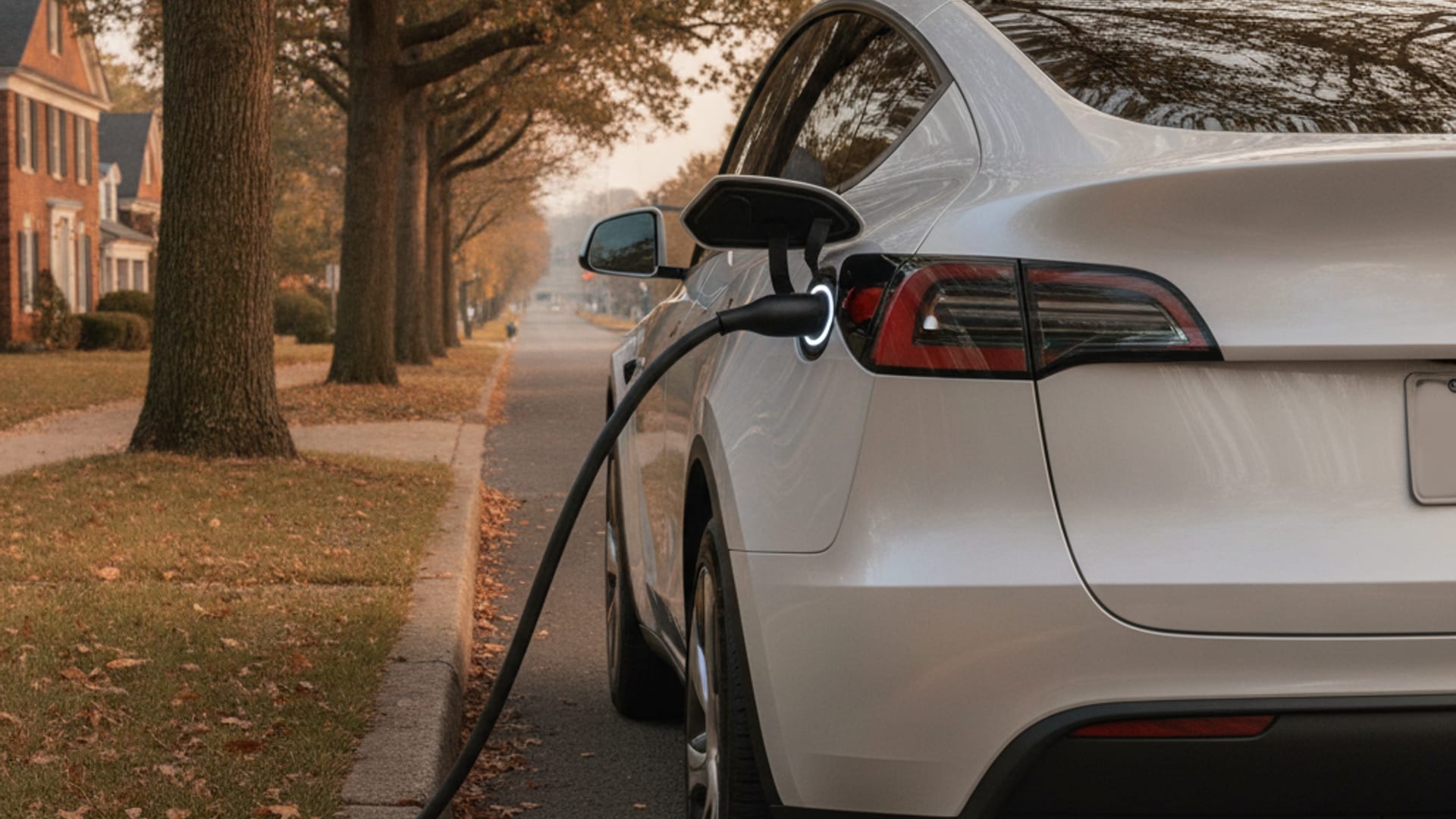 Mobile charging cable connected to a Tesla Model Y on a DC area street