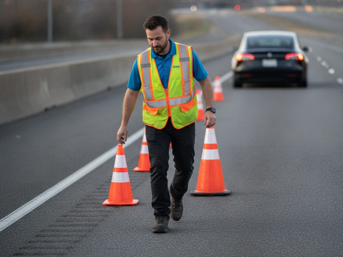 Roadside safety cones placed near an electric vehicle in the DC area