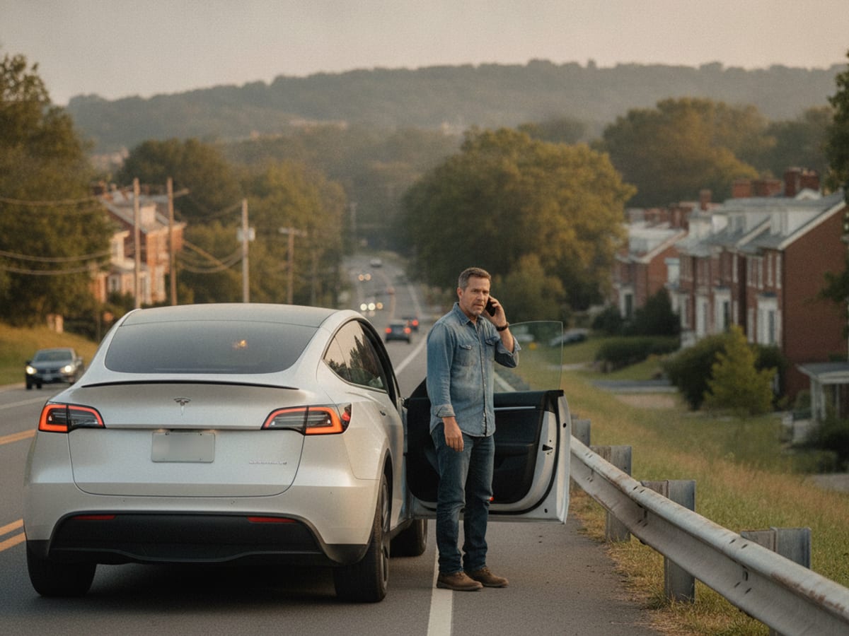 Mobile charging cable connected to a Tesla at a safe roadside location in the DC area